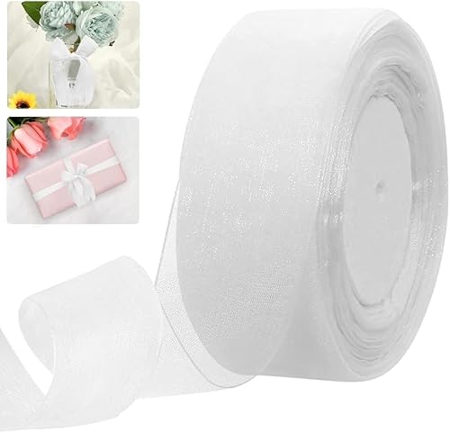 HAOMEEDUO Organzaband Breit Weiß Geschenkband Organza Schleifenband 4cm*50Yard Durchscheinende Organza Bänder Schimmernd Dekoband Hochzeit Weiss Tüllband für Geschenk Handwerk Party-Dekorationen von HAOMEEDUO