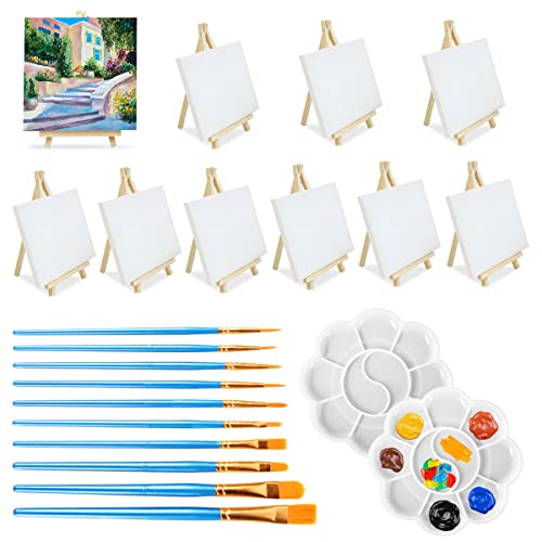 32Pcs Mini Staffeleien mit Kunst Leinwand, HAOTIAN-X 10 kleine Künstler Dreieck Staffeleien mit 10 Leinwand, 10 Pinsel, Leinwand Malerei Stand Kit für Kunst Party Zeichnung von HAOTIAN-X