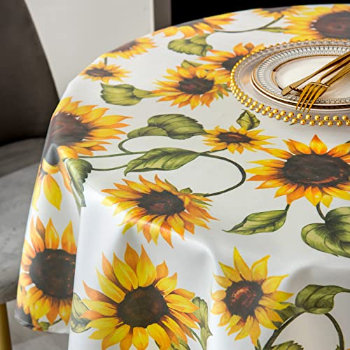 HAOTIAN-X Sonnenblumen-Tischdecke, Klassische Blumen-Tischdecke, Polyester, wasserabweisend, auslaufsicher, Blumen-Tischdecke für Partys, tägliches Essen (Round140 cm) von HAOTIAN-X