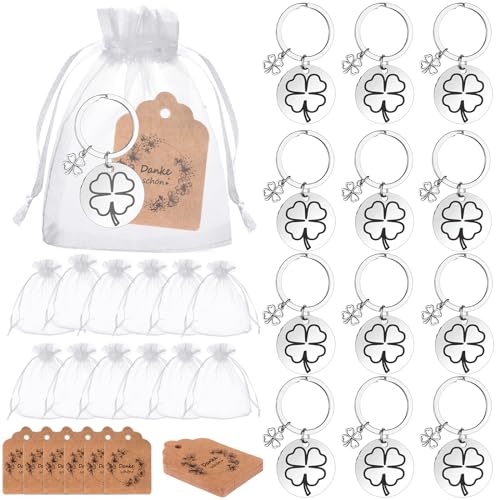 36Pcs Schlüsselanhänger mit vierblättrigem Kleeblatt, Geschenke, 12 Stück Edelstahl-Schlüsselanhänger, 12 Stück Dankeskarten, 12 Stück Organzabeutel, Dankes-Schlüsselanhänger, irischer Tag (rund) von HAOWANWW