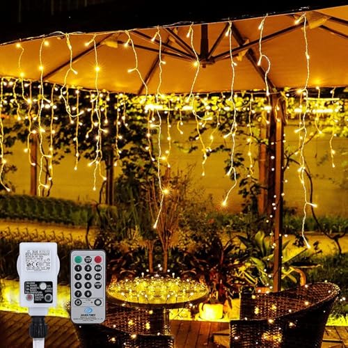 HAOYAO 300 LED Eiszapfen Vorhang Lichter, 7.5m Lichterkette Außen & Innen, 8 Leuchtmodi Dimmbar mit Remote Timing, Eisregen Vorhang Strombetrieben Deko für Weihnachten Dach Balkon Hochzeit Garten von HAOYAO