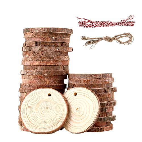 40 Stück Holzscheiben,Holzscheibe mit zwei Baumwollschnüren,holzscheiben zum basteln,holzscheiben 5cm,DIY-Basteln holzscheiben mit loch für alle Gelegenheiten, auch für festliche Dekorationen. von HAOYULUO