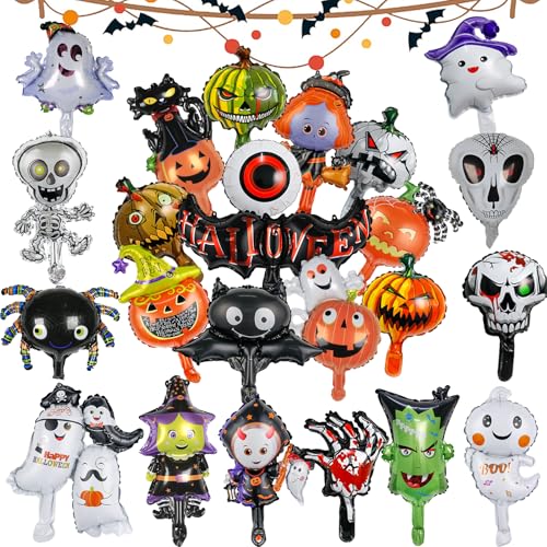 24 Stücke Halloween Aluminiumfolie Ballon Set, Halloween Luftballons Deko Party Folienballon Kürbis Spinne, Skelett Fledermaus Hexe Ballon, Geeignet für Halloween Partys und Gruselige Osterfeste von DEYIXI