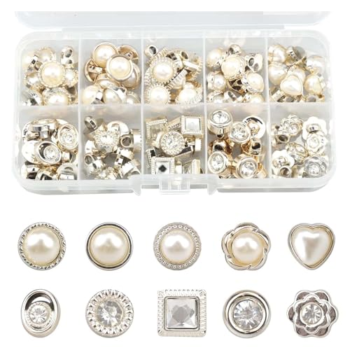 HAPPOW 100 Stück Künstliche Perlenknöpfe, Vintage Buttons Knopf Strass Kristallknöpfe Nähen Weiße Knöpfe mit Strass für Kleidung Strickjacke Kleid DIY Dekoration(10 Stile) von HAPPOW