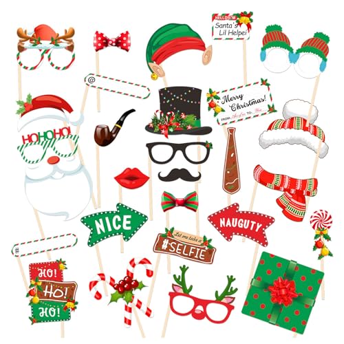 HAPPOW 28 Stück Weihnachten Fotorequisiten, Weihnachten Party Accessoires, Weihnachten Fotobox Requisiten, mit Weihnachtselemente wie Weihnachtsbäume und Lebkuchenmänner, für Weihnachtsfeier Deko von HAPPOW