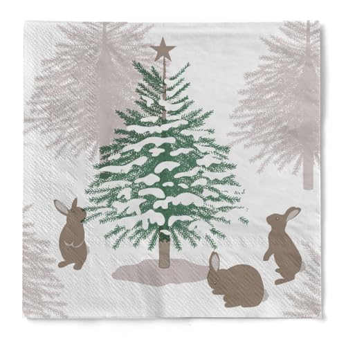 HAPPY PAPER Cocktail-Serviette "Tree Rabbit" aus Tissue 3-lagig, Einweg Weihnachtsserviette, ideal für Advents- & Weihnachtsfeiern, 25 x 25 cm, 20 Stück von HAPPY PAPER