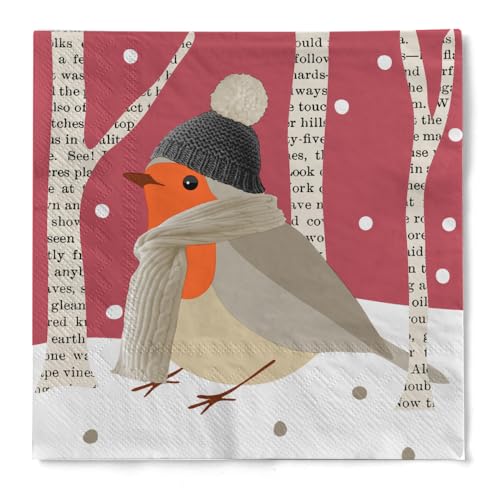 HAPPY PAPER Serviette "Eli" (Rotkehlchen) in Bordeaux aus Tissue 3-lagig, Einweg Weihnachtsserviette, ideal für Winter, Advents- & Weihnachtsfeiern, 33 x 33 cm, 20 Stück von HAPPY PAPER