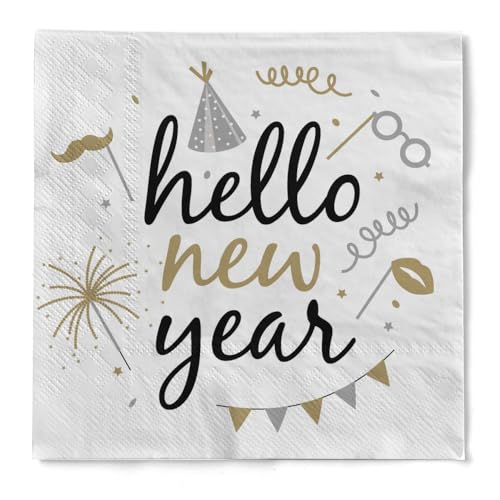 Serviette "Hello New Year" Silvester aus Tissue 33 x 33 cm, 20 Stück von HAPPY PAPER