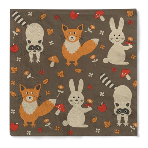 Serviette "Three Buddies" (Waldtiere) in Braun aus Tissue 33 x 33 cm, 20 Stück von HAPPY PAPER