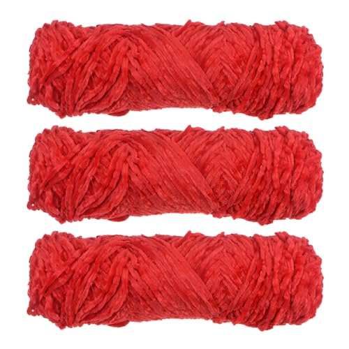 HARFINGTON Chenille-Garn, weiches Deckengarn, 3 Knäuel, 3 x 100 g, Polyester, Samt, ausgefallenes flauschiges Garn, Stricken zum Häkeln, Weben, Schals, Rot von HARFINGTON