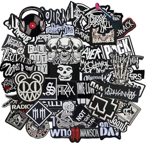 HARINI Morale Patch, 50 Stück gemischte Patches Band Rock Musik Abzeichen Punk Stickerei Totenkopf Patches für Jacke Jeans Rucksäcke Hut Verschiedene Stil Abzeichen Kleidung Aufkleber DIY Applique von HARINI