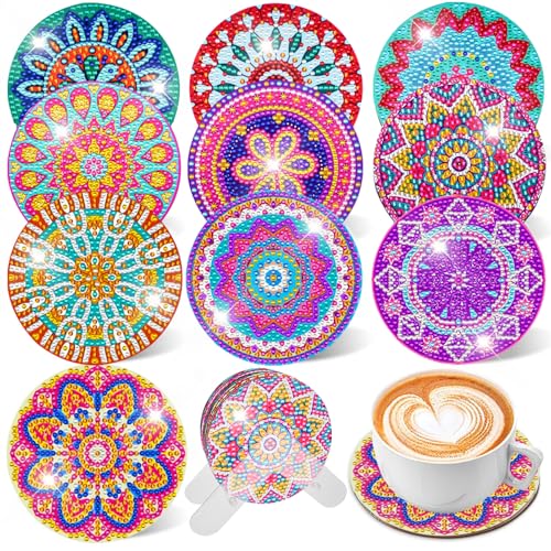 Diamond Painting Untersetzer, 10er Set DIY Diamond Painting Erwachsene Untersetzer mit Halter, 5D Diamond Painting Kinder Mandala mit Diamanten und Montagewerkzeuge fur Tassen, Kerzen Dekoratio von HARRA HOME