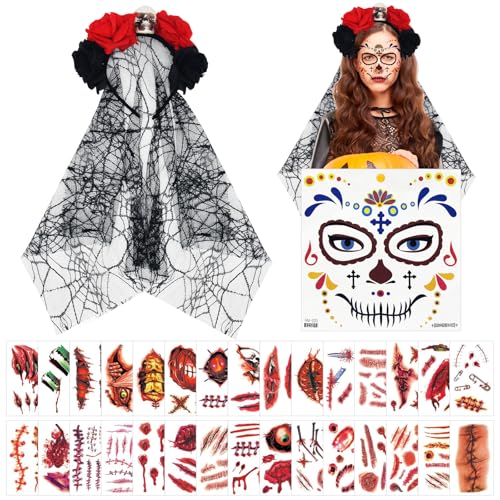 HASAIKA Halloween Haarreif, Tag der Toten Schleier, Halloween Kopfschmuck mit Blumen und Schleier und 31 Stück Temporäre Tattoos für Karneval Fasching Halloween Mottoparty Damen Kostüm Accessoires von HASAIKA