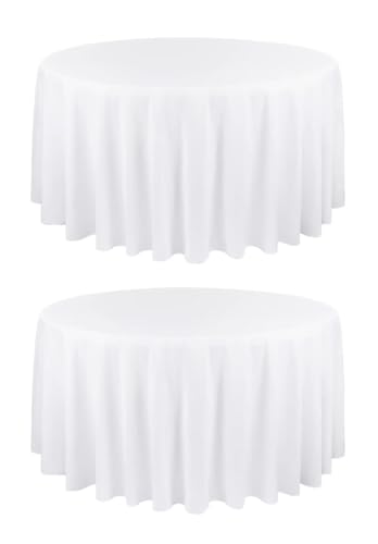 2er-Pack runde weiße Polyester-Tischdecke, 229 cm, für runden Tisch, Polyester-Tischdecke, waschbare Tischdecke für Hochzeit, Empfang, Party, Geburtstag usw. (229 cm) von HASJOIN