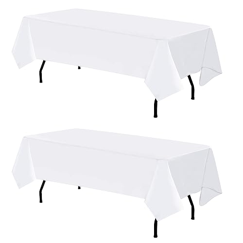 Weiße rechteckige Polyester-Tischdecke, 153 x 260 cm, 2er-Pack für 4 Fuß rechteckige Tische, Polyester-Tischdecke, schmutzabweisend, knitterfrei, waschbare Tischdecke für Hochzeitsbankett von HASJOIN