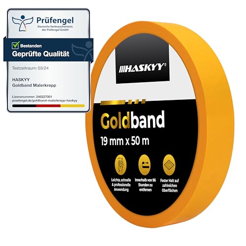 HASKYY Goldband Malerkrepp Kreppband Malerband - Auswahl an Größen - Profi Abdeckband Malertape Klebeband Washi Tape Gold Papiertape Selbstklebend (19mm x 50m) von HASKYY