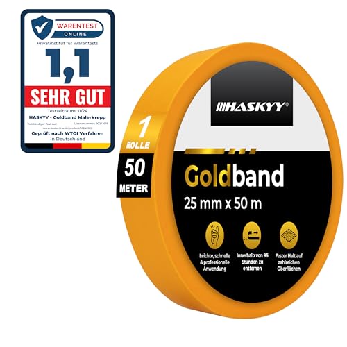 HASKYY Goldband 25mm x 50m Malerkrepp Kreppband 1x Malerband - Große Auswahl - Profi Abdeckband Malertape Klebeband Washi Tape Gold Papiertape Selbstklebend von HASKYY