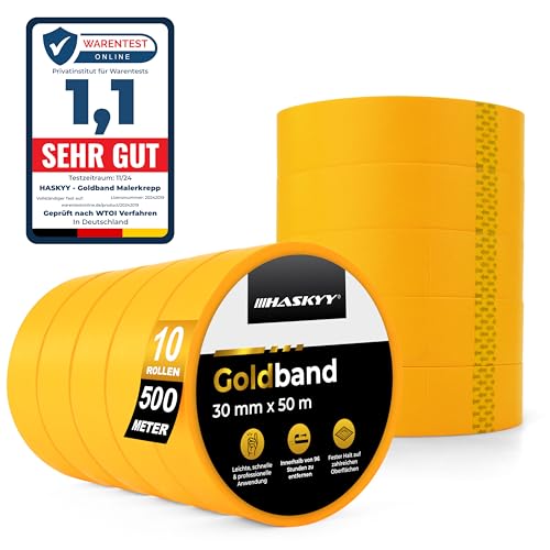 HASKYY Goldband Malerkrepp Kreppband 10x Malerband 30mm x 50m Profi Abdeckband Malertape Klebeband Washi Tape Gold Papiertape Selbstklebend von HASKYY