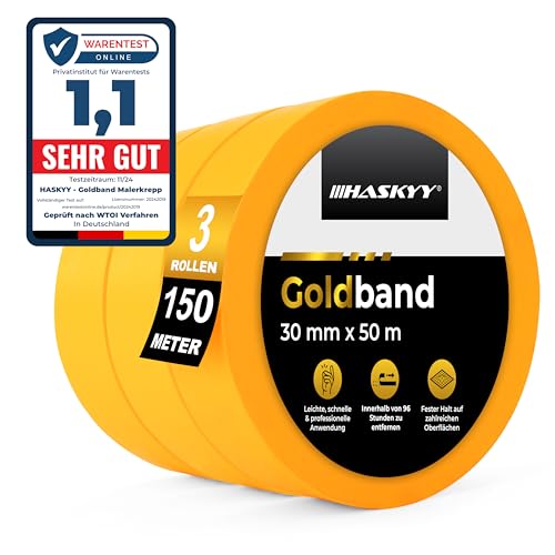 HASKYY Goldband Malerkrepp Kreppband 3x Malerband 30mm x 50m Profi Abdeckband Malertape Klebeband Washi Tape Gold Papiertape Selbstklebend von HASKYY