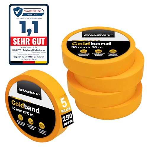 HASKYY Goldband Malerkrepp Kreppband 5x Malerband 30mm x 50m Profi Abdeckband Malertape Klebeband Washi Tape Gold Papiertape Selbstklebend von HASKYY