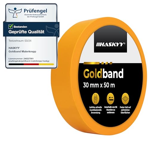 HASKYY Goldband Malerkrepp Kreppband 1x Malerband - Große Auswahl - Profi Abdeckband Malertape Klebeband Washi Tape Gold Papiertape Selbstklebend (30mm x 50m) von HASKYY