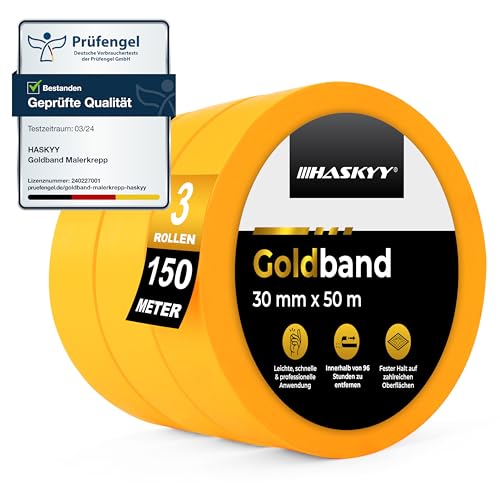 HASKYY Goldband Malerkrepp Kreppband 3x Malerband 30mm x 50m Profi Abdeckband Malertape Klebeband Washi Tape Gold Papiertape Selbstklebend von HASKYY