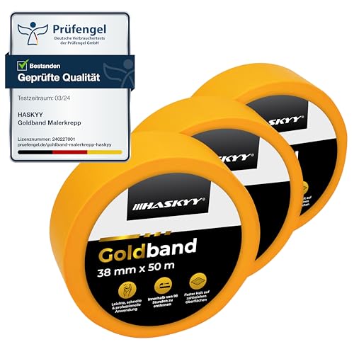 HASKYY Goldband Malerkrepp Kreppband 3x Malerband 38mm x 50m Profi Abdeckband Malertape Klebeband Washi Tape Gold Papiertape Selbstklebend von HASKYY