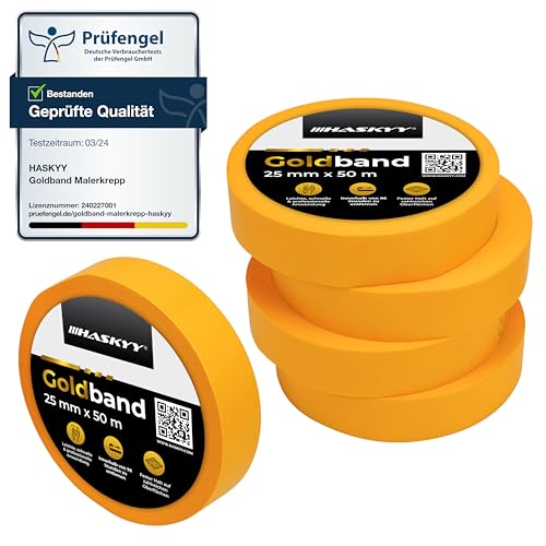 HASKYY Goldband Malerkrepp Kreppband 5x Malerband 25mm x 50m Profi Abdeckband Malertape Klebeband Washi Tape Gold Papiertape Selbstklebend von HASKYY