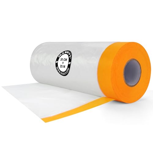 HASKYY Maler Abdeckfolie mit Klebeband Malerfolie stark wasserdicht Abdeckband 30cm x 25m Selbstklebende 7,5m² Rolle Goldband Masker Tape Transparent Baufolie Malerkrepp von HASKYY