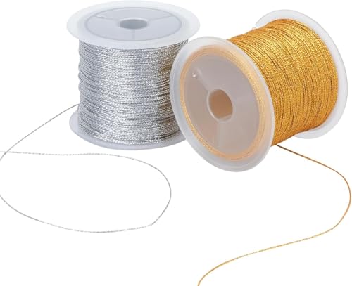 HASUDEI 2 Rollen Metallic Kordel 100m Kordelband Schnur Goldfaden Metallschnur Nicht-elastisches Metallseil Kordel Craft Cord für Geschenkverpackung Weihnachts Dekoration (Gold und Silber) von HASUDEI