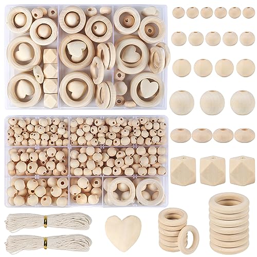 HASUDEI 416 Stück Holzperlen Makramee Set Holzringe zum Basteln Holzperlen zum Auffädeln Holzkugeln mit Loch Holzperlen Natur Runde Holzperlen für DIY Schmuck Herstellung mit Bastelseilen von HASUDEI