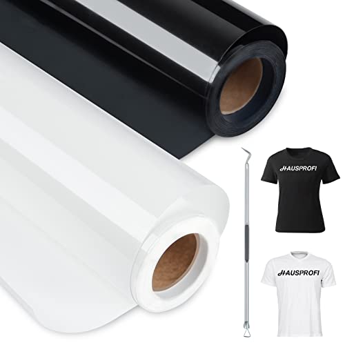 HAUSPROFI Plotterfolie Textil 30.5 cm x 800 cm, Plotter Bügelfolie für Cricut und Silhouette Cameo - PU Transferfolie Plotter für DIY T-Shirt/Anderen Stoffe - Mit Häkelnadel (Schwarz und weiß) von HAUSPROFI