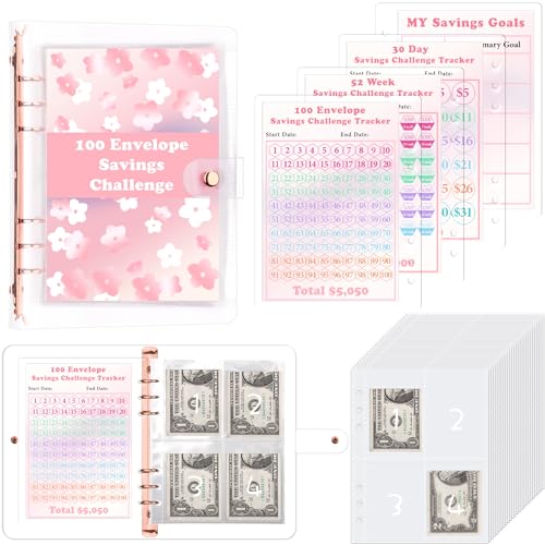 HAUTOCO 100 Envelope Saving Challenge, Budget Planner A5 Ringbuch mit Challenge Tracker & Pre-numbered Taschen, Sparbuch für Geld, spart Herausforderung, 500, 5050, 10000, Rosa von HAUTOCO