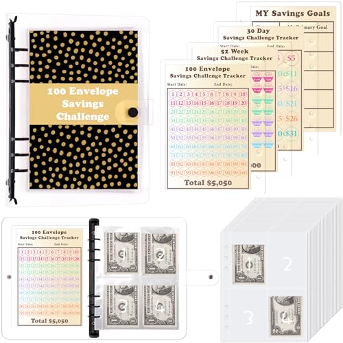 HAUTOCO 100 Envelope Saving Challenge, Ringbuch A5 Budgetplaner mit Challenge Tracker & Pre-numbered Taschen, Sparbuch Für Geld Challenge, Geldsparmappe für Zuhause, Schule, Schwarz von HAUTOCO