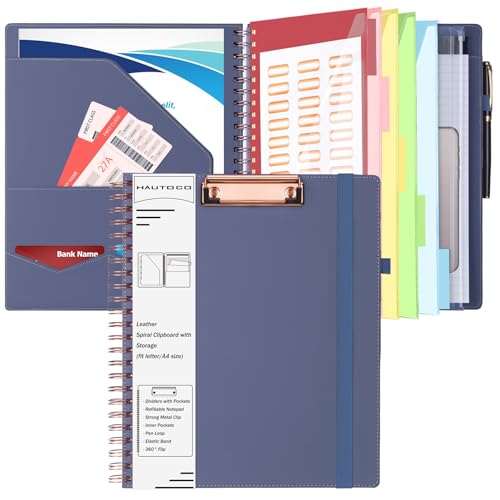 HAUTOCO Klemmbrett Folio mit A4 Zip Beutel, Klemmbrettmappe A4 mit nachfüllbarem Notizblock, Klemmbretter mit 5 A4-Ordnern Lagerung 10 Taschen, Klemmbrett a4 mit Deckel für Schule/Büro, Lila Grau von HAUTOCO