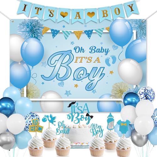 Blaue Babyparty-Dekorationen für Jungen, blaues Partydekor-Set mit "It's A Boy"-Banner mit blauen und weißen Luftballons, "It's a Boy" Hintergrund und Kuchen-Cupcake-Aufsätzen, Babyparty-Dekor von HAVAGDTM