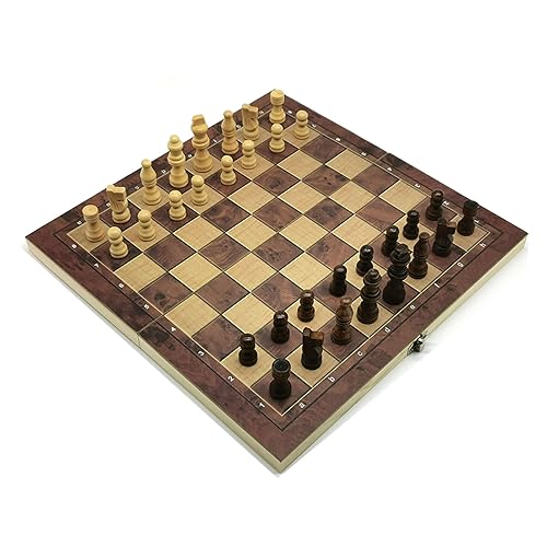 3-in-1-Schachspiel aus Holz, faltbares Schachbrettspielset mit Holzfiguren und Aufbewahrungsfächern, Reiseschach, Dame, Backgammon/Schachspiel von HAVVMK