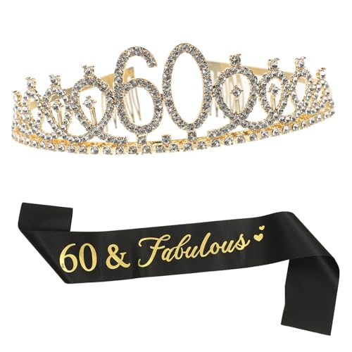 HAWILLOSCH 60. Geburtstagsfeier-Set goldfarbene Legierung nummerierter Kopfschmuck Strass- Damen-Party-Stirnband Schärpe von HAWILLOSCH