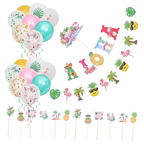 HAWILLOSCH 1 Satz hawaiianische Dekoration Party-Banner Cupcake-Topper zum Geburtstag Kuchen verzieren luftbalondeko party banner Hawaii Banner Cake Topper Ballon Geburtstagsbanner papier von HAWILLOSCH