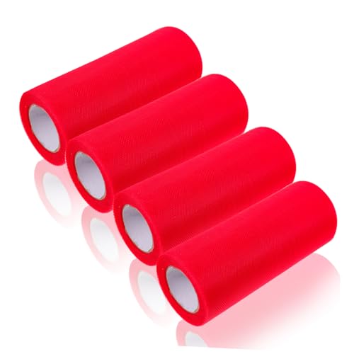 HAWILLOSCH 4 Rollen Tüllrolle Maschenrolle Ahornblätter Künstlich Satinband Handgefertigtes Chiffonband Randbereich Bänder Zum Basteln Blumenstrauß Mesh Kreisförmig Dickes Band Rot Polyester von HAWILLOSCH