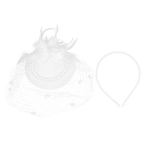 HAWILLOSCH Kopfbedeckungen für die Braut haar zubehör haarschmuck hochzeits dekoration partydekoration Fascinator-Kopfschmuck für die Braut Fascinator-Mesh-Feder-Stirnband Perle Weiß von HAWILLOSCH