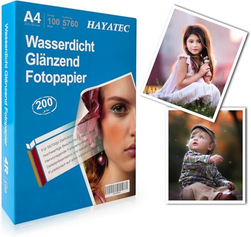 HAYATEC 100 Blatt Fotopapier A4 hochglänzend Tintenstrahldrucker 200g/m² Photopapier Fotokarten Photokarten Sofort Trocken Wasserfest Hochweiß von HAYATEC