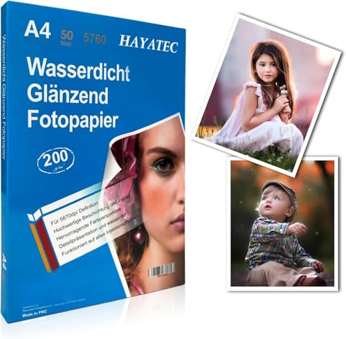 HAYATEC 50 Blatt Fotopapier A4 hochglänzend Tintenstrahldrucker 200g/m² Photopapier Fotokarten Photokarten Sofort Trocken Wasserfest Hochweiß von HAYATEC