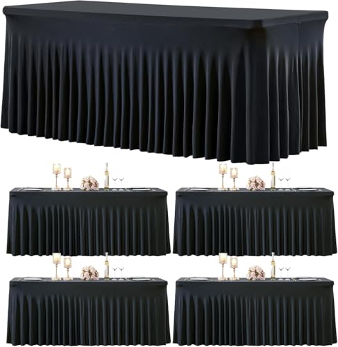 4-Pack Schwarz Spandex Elastisch Tischdecke mit Rock, Faltenfreie Fitted 1.8m Rechteck Tische Black Stretch Tischdecken für Parteien Hochzeiten Geburtstag Bankett Baby Dusche von HBBMAGIC