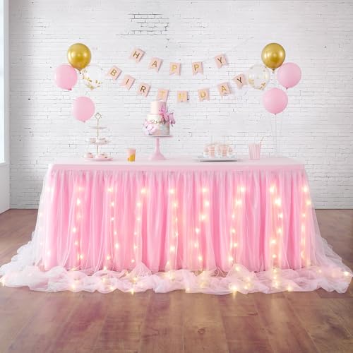 4.27m Rosa Tüll Tischrock für Rechteck oder runde Tische, rosa Tutu Tischrock mit LED-Licht, rosa Rüschen Tischrock für Prinzessin Baby Dusche Mädchen Geburtstagsparty Kuchen Dessert Tisch Dekor von HBBMAGIC