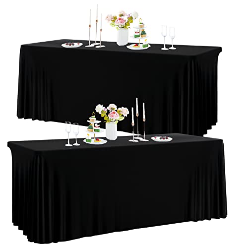 HBBMAGIC 2 Stücke Schwarz Spandex Rechteckig Tischdecke für 1.8m Rechteck Tische Dehnbare 3-Wege Schwarz Tischdecke für Vendor Display Birhtday Party Hochzeitsempfang von HBBMAGIC