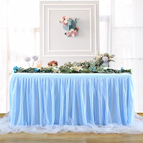 HBBMAGIC Blau Tüll Tischrock, Single Langer Tüll Tischrock für Hochzeitsfeier Babyparty Brial Shower Taufe, 275cm×76cm, Ohne Licht von HBBMAGIC