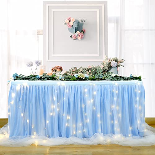 HBBMAGIC Blau Tüll Tischrock Mit Licht, Single Langer Tüll Tischrock für Hochzeitsfeier Babyparty Brial Shower Taufe, 275cm×76cm von HBBMAGIC