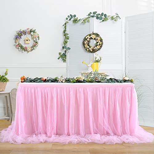 HBBMAGIC Rosa Tüll Tischrock, Single Langer Tüll Tischrock für Hochzeitsfeier Babyparty Brial Shower Taufe, 275cm×76cm, Ohne Licht von HBBMAGIC