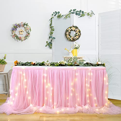 HBBMAGIC Rosa Tüll Tischrock Mit Licht, Single Langer Tüll Tischrock für Hochzeitsfeier Babyparty Brial Shower Taufe, 183cm×76cm von HBBMAGIC